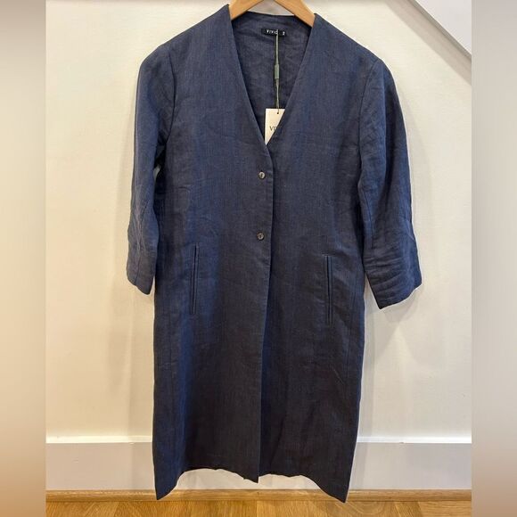 Vivid Linen Straight Fit Button Front Long Jacket - Picture 2 of 9